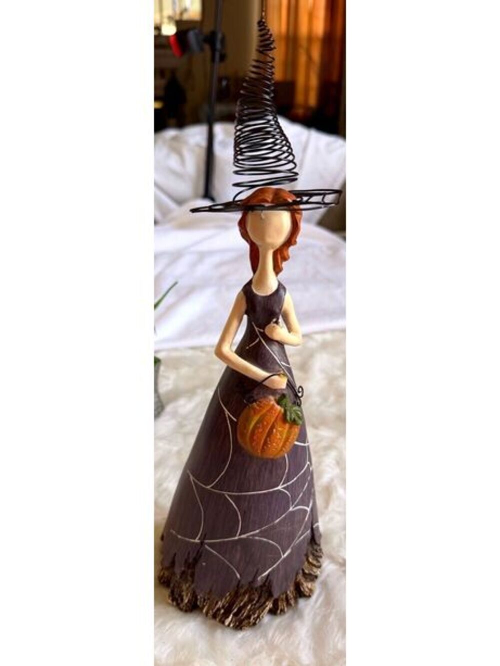 Handcrafted Witch Figurine Holding Pumpkin with Wire Hat